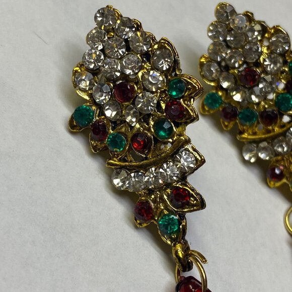 Christmas Color Earrings Pierced Post Dangle Drop Rhinestone Holiday Wear - Picture 4 of 10